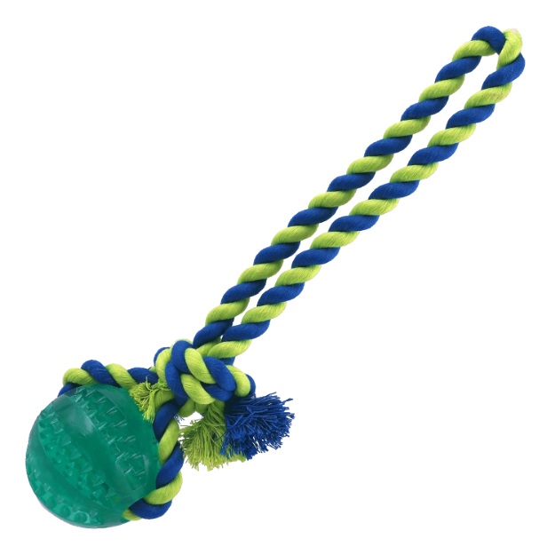 Obrázek Hračka DOG FANTASY DENTAL MINT míček házecí s provazem zelený 7x30cm