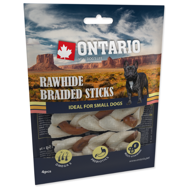 Obrázek Snack ONTARIO Dog Rawhide Braided Stick Mix 7,5 cm 4ks