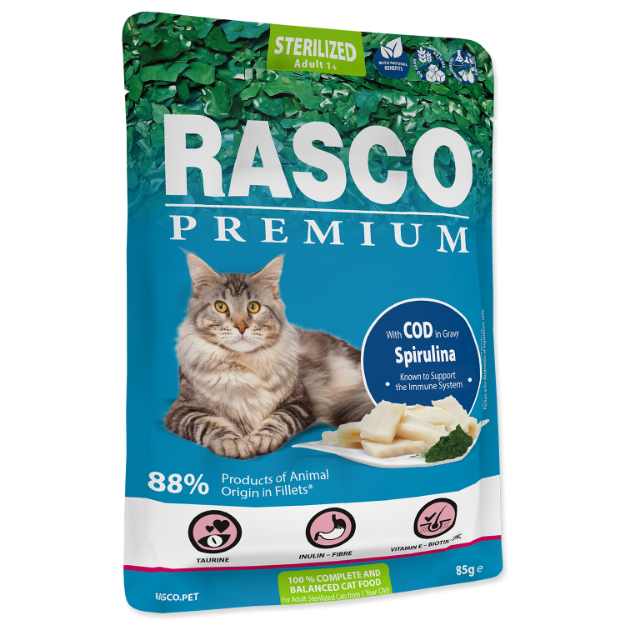 Obrázek Kapsička RASCO Premium Cat Pouch Sterilized, Cod, Spirulina 85 g